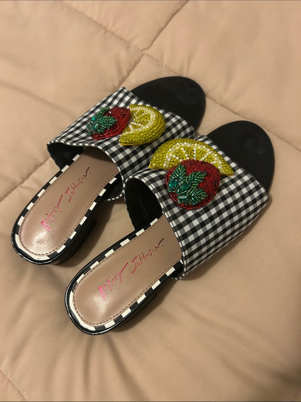 Betsey Johnson Black Gingham Slide Sandals with Beaded Fruit Appliqués